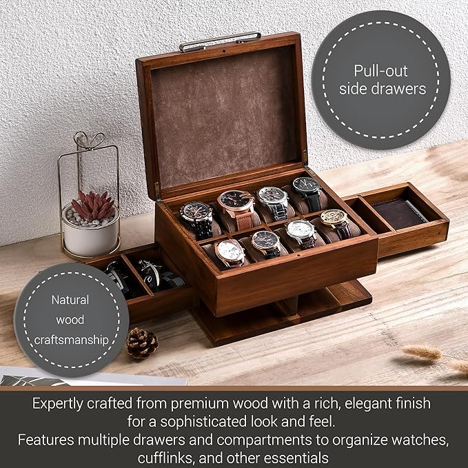 Shanik Luxury Large Watch Box for Men – 8 Slot Organizer with Velvet Pillows, Pull-Out Drawers for Accessories, Jewelry & Oversized Timepieces