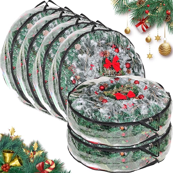 Shappy 6 Pcs 36 Inch Christmas Wreath Storage Container Clear Wreath Storage Bags PVC Waterproof Garland Bags with Clear Window Dual Zippers and Handles for Xmas Holiday Artificial Garland (Black)