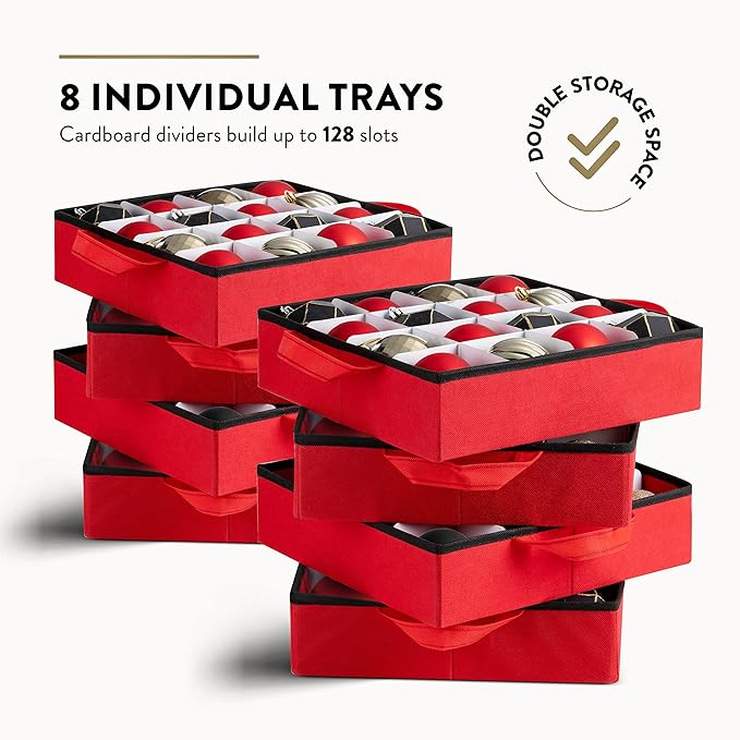 ZOBER Christmas Ornament Storage Box - Stores 128 3" Ornaments with Individual Trays - Tear Proof 600D Oxford Fabric - ornament organizer storage box, Durable Christmas Containers Holder - Red