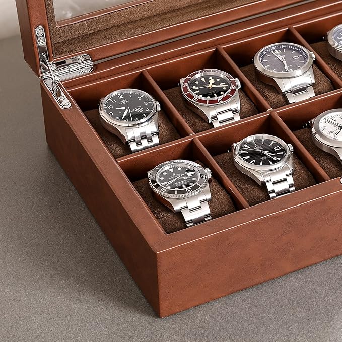 ROTHWELL 10 Slot Leather Watch Box - Luxury Case Display Jewelry Organizer - Locking Watch Display Case Holder with Large Glass Top - Box Organizer for Men and Women (Tan/Brown)