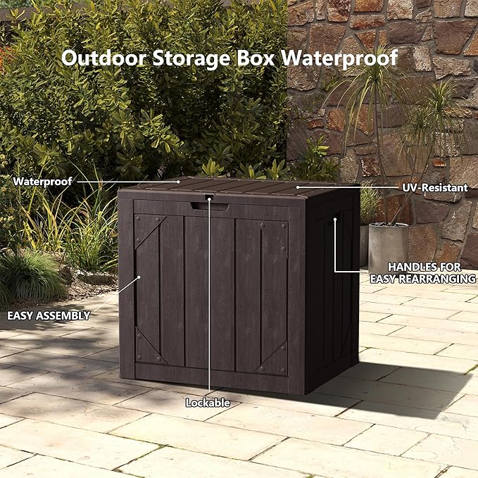 31 Gallon Resin Deck Box Waterproof Outdoor Storage Box for Patio Furniture Pool Accessories Indoor Storage for Cushion Garden Tools, Brown
