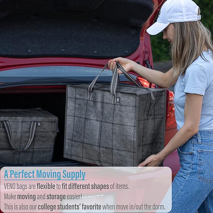 VENO 5 Pack Storage Moving Bags, Organizer Bag, Storage Tote, Zipper On Top, Sturdy, Carrying Bag, Camping Bag for Clothes, Bedding, Comforters, Pillows (13 Gallon Windowpane, 5 Pack)