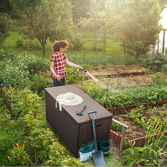 Homall 100 Gallon Deck Box Large Resin Waterproof Outdoor Storage Box with Padlock and Built-in Handles Storage Container for Cushions, Toys and Garden Tools (Deep Brown)