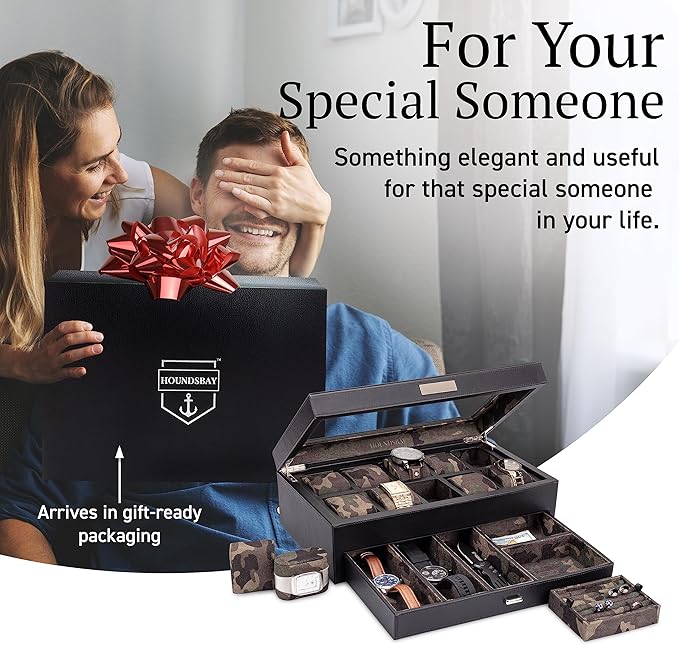 HOUNDSBAY Yachtsman Large Watch Box Jewelry Organizer for Men, Camo Gifts for Men, Jewelry Box Organizer, Watch Display & EDC Storage Drawer, Watch Case