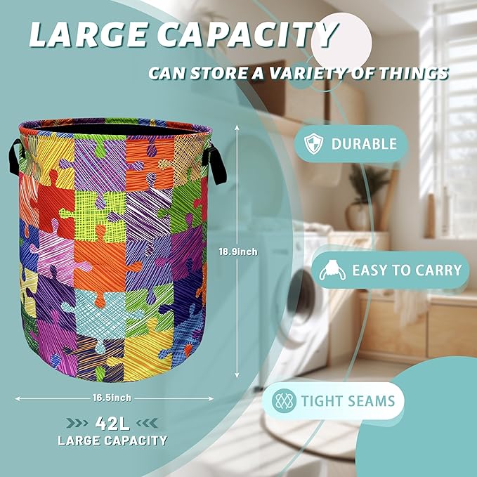 Colorful Autism Puzzles Laundry Basket With Handles Tote Bag Oxford Cloth Laundry Hamper 18.9" x 16.5 "Foldable Clothes Storage Bucket Toy Organizer For Bathroom/Laundry/Bedroom