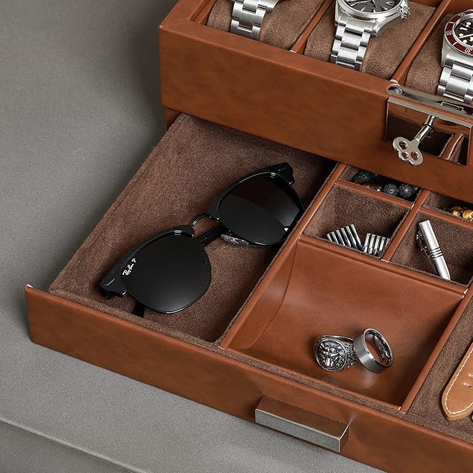 ROTHWELL 10-Slot Watch Box in Leather with Valet Drawer, Luxury Watch Case Display Organizer with Ultra Soft Microsuede Liner, Jewelry and Sunglass Holder With Large Glass top (Tan/Brown)