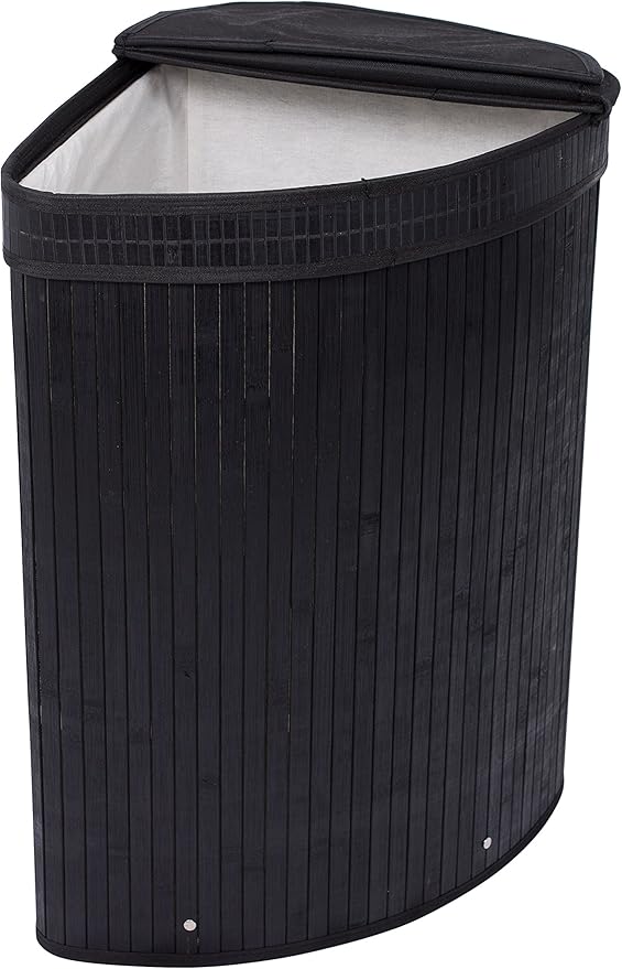 BirdRock Home Corner Laundry Hamper with Lid and Cloth Liner - Bamboo - Black - Easily Transport Laundry Basket - Collapsible Hamper - String Handles