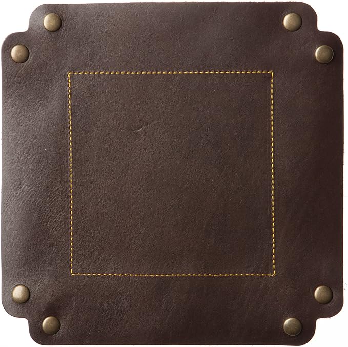 USA Handmade Premium Leather Valet Tray, Folds Flat! Dice Rolling Basket and Organizer with Brass Snaps (Brown Gold, Large)