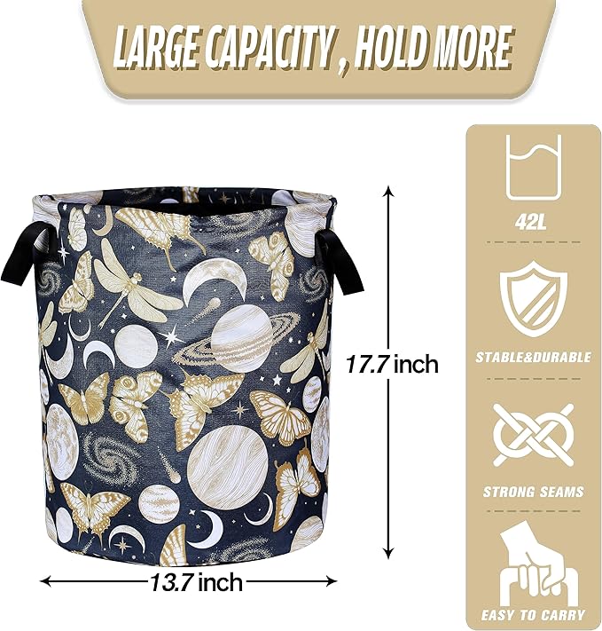 Moon Butterfly Laundry Basket Moth Dragonfly Insect Foldable Oxford Cloth Tote Bag Laundry Hamper Clothes Storage Bucket Organizer For Bathroom/Laundry Storage/Bedroom 17.7x13.7Inch