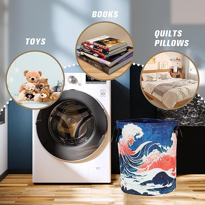 Ocean Wave Laundry Basket Japanese Style Foldable Oxford Cloth Tote Bag Laundry Hamper Clothes Storage Bucket Organizer For Bathroom/Laundry Storage/Bedroom Storage Basket 17.7x13.7Inch