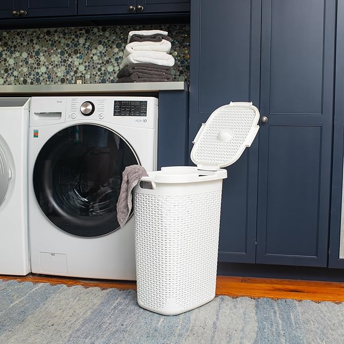 Mind Reader Slim Laundry Hamper with Lid, 60L Clothes Baskets, Premium Wicker Design, Plastic, 2-Pack, White