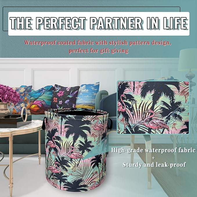 Pink Flamingo Laundry Basket With Handles Oxford Cloth Tote Bag Tropical Palm Trees Laundry Hamper 18.9" x 16.5" Foldable Clothes Storage Bucket Toy Organizer For Bathroom/Laundry/Bedroom