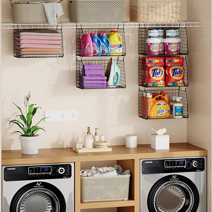 3-Pack Hanging Laundry Baskets, Foldable Metal Wire Shelves with 360° Rotating Hooks, Space-Saving Over Washer/Dryer or Closet Storage for Laundry Room & Closet Organization, Black