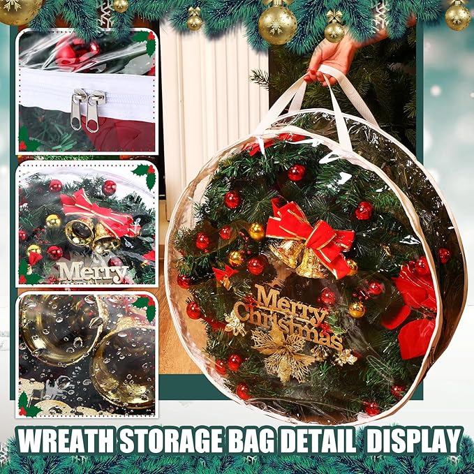 Zhengmy 5 Pcs 24 Inch Christmas Wreath Storage Bags Transparent Wreath Storage Container Bulk Wreaths Box with Dual Zippers and Handles for Xmas Holiday Wreaths Garland