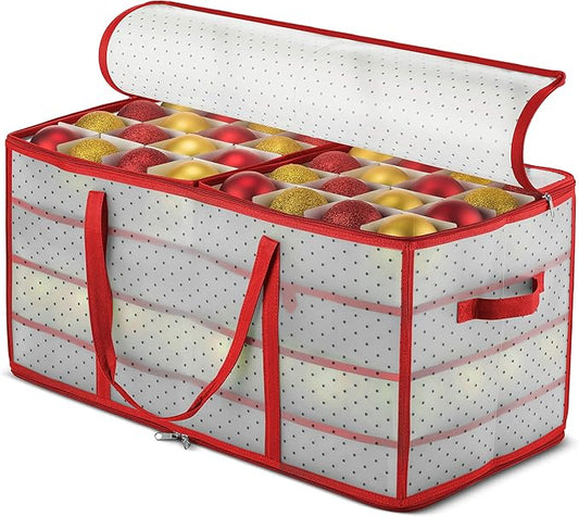 ZOBER Christmas Ornament Storage Box - Stores 128 Ornaments W/ 2 Sided Zipper - Flexible Plastic Christmas Ornament Storage Containers - 3 Inch Cube Compartments - Red