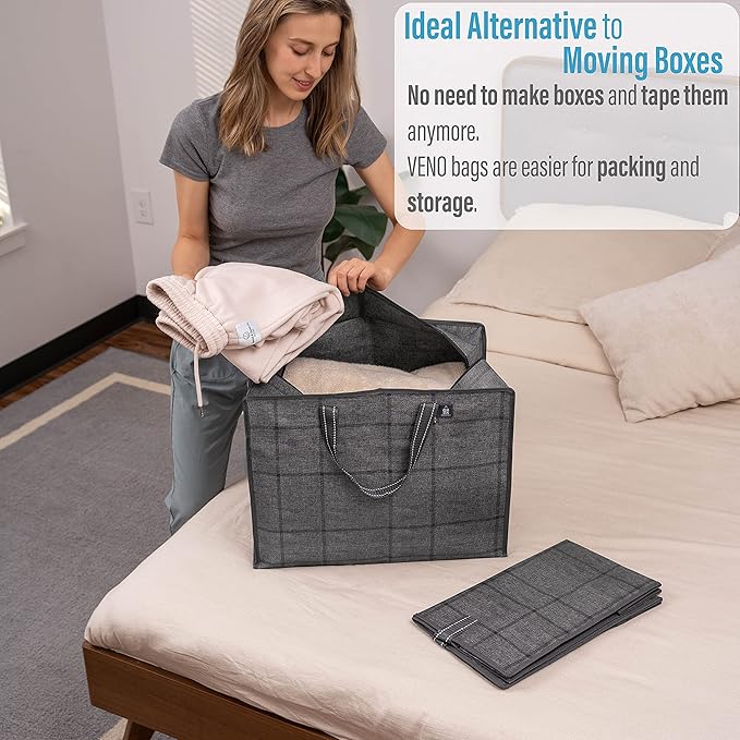 VENO 5 Pack Storage Moving Bags, Organizer Bag, Storage Tote, Zipper On Top, Sturdy, Carrying Bag, Camping Bag for Clothes, Bedding, Comforters, Pillows (13 Gallon Windowpane, 5 Pack)