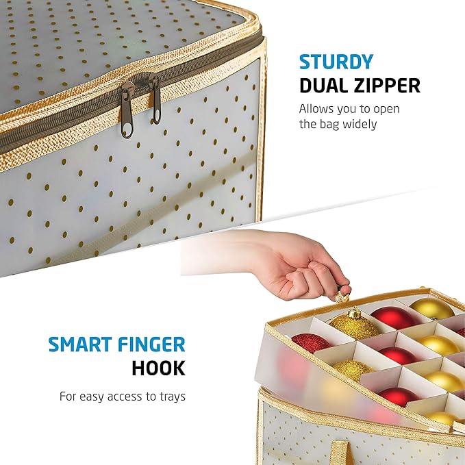 ZOBER Christmas Ornament Storage Box Plastic - Stores 64 3" Ornaments with Individual Trays - Ornament Organizer Storage Box, Durable Christmas Containers Holder - Gold