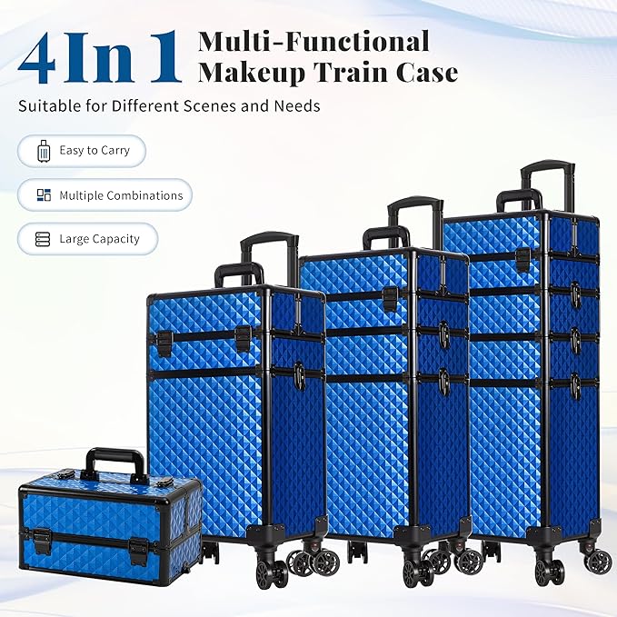 AROUS Rolling Makeup Train Case 4 in 1 Cosmetology Case on Wheels Large Storage Cosmetic Trolley with Key Salon Barber Case Traveling Cart Trunk, Blue