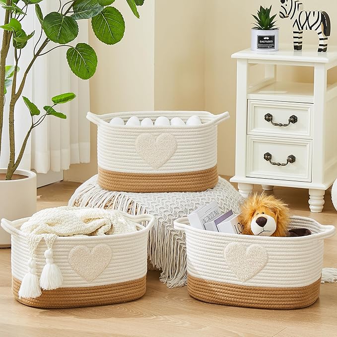 Storage Bins Woven Baskets for Storage Set of 3, Cotton Rope Basket with Handles for Toys/Shelves/Laundry, Rectangle Multi-Purpose Organizer for Living Room, Bedroom, Nursery (Heart)