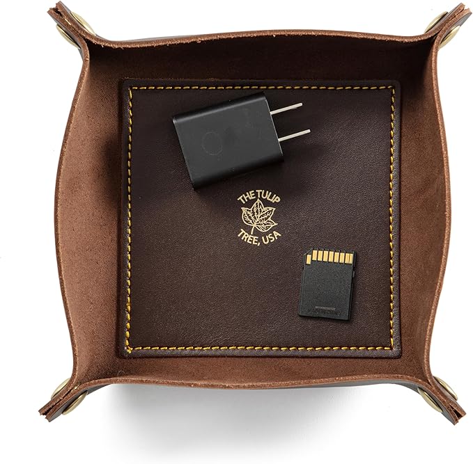 USA Handmade Premium Leather Valet Tray, Folds Flat! Dice Rolling Basket and Organizer with Brass Rivets (Brown Gold, Medium)
