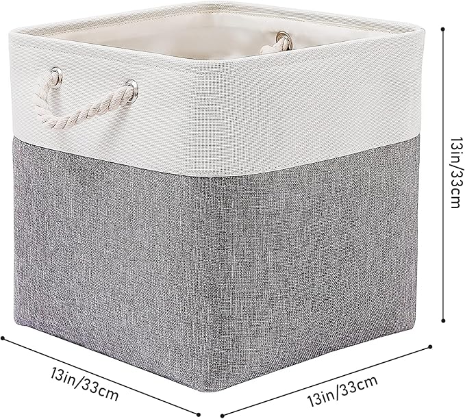 13 x 13 Inch Cube Storage Bins, 6 Pack Extra Large Collapsible Fabric Storage Bin with Ropes, Foldable Storage Cubes for Home (White & Grey-13"x13"x13")