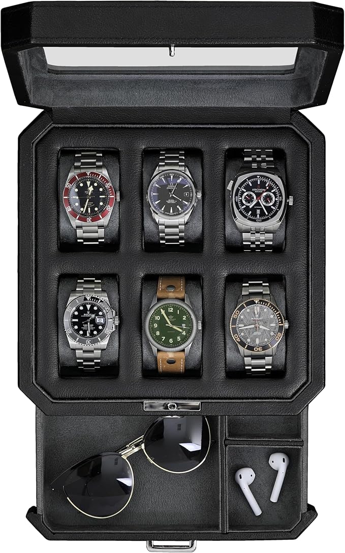 ROTHWELL 6 Slot Leather Watch Box with Valet Drawer - Luxury Watch Case Display Organizer, Microsuede Liner, Locking Mens Jewelry Watches Holder, Men's Storage Boxes With Large Glass Top (Black/Grey)