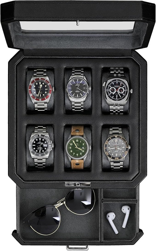 ROTHWELL 6 Slot Leather Watch Box with Valet Drawer - Luxury Watch Case Display Organizer, Microsuede Liner, Locking Mens Jewelry Watches Holder, Men's Storage Boxes With Large Glass Top (Black/Grey)