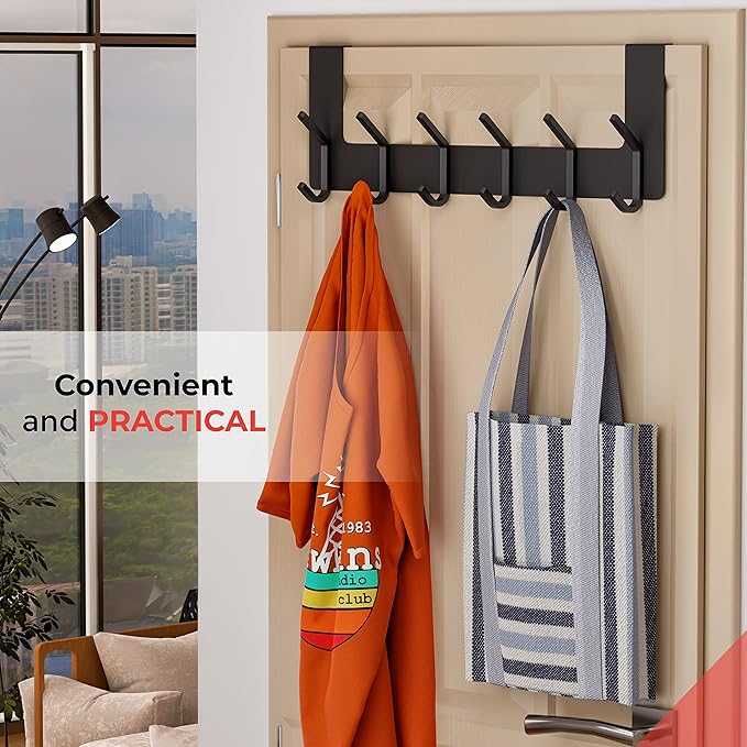 Matte Black Over The Door Hooks – Heavy Duty Stainless Steel Door Hanger with 6 Double Hooks for Hanging Towels, Coats, Robes, Hats, Bags – No Drill Over Door Towel Rack for Bathroom & Bedroom, 2 Pack