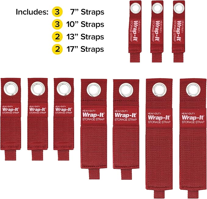 Heavy-Duty Wrap-It Storage Straps - Assorted 10-Pack (Cranberry Red) - Hook and Loop Storage Strap, Extension Cord Organizer, Hose, Cable Straps, Rope Organizer, Electrical, Hose, Garage Wall Hanger