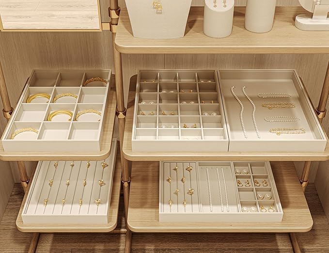 Linen Jewelry Tray Stackable Jewelry Drawer Organizer Trays Necklace Bracelet Holder Storage Display(Beige)