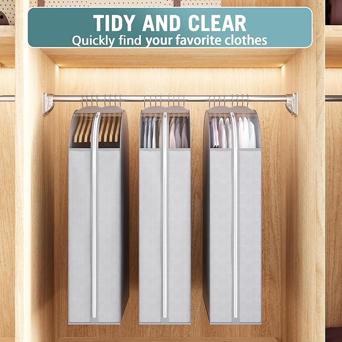 10" Gusseted Garment Bags for Hanging Clothes with Clear Window 50" Suit Bags for Open Closet Storage, Clothing Cover for Coat, Dress, Jacket, Shirt, Fur Wardrobe Protector, 3 Packs