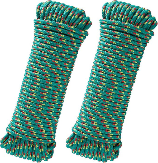 100 ft 3/8 Inch Diamond Braided Polypropylene Rope, Poly Clothesline, Boat Rope, All-Purpose Utility Cord Tie Down Ropes for Craft Marine Boat Camping Indoor Outdoor, Green, 2 Pack