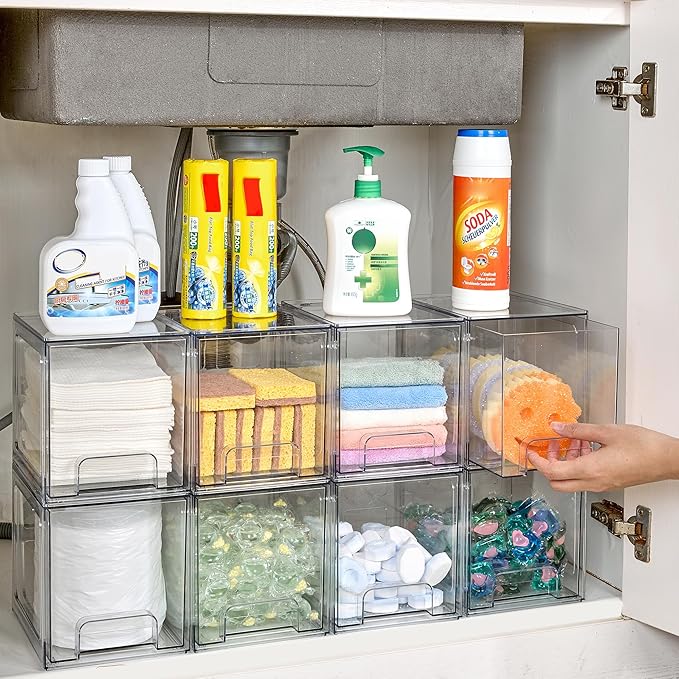 Vtopmart 6 pack Stackable Storage Drawers, 6.6''Tall Acrylic Bathroom Makeup Organizers,Clear Plastic Drawers For Vanity, Undersink, Kitchen Cabinet,Pantry Organization and Storage