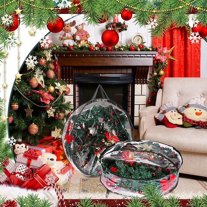 Shappy 4 Pieces Christmas Wreath Storage Container 30 Inch Wreath Plastic Storage Bags with Dual Zippers and Handles for Xmas Thanksgiving Holiday Artificial (Clear,Black)