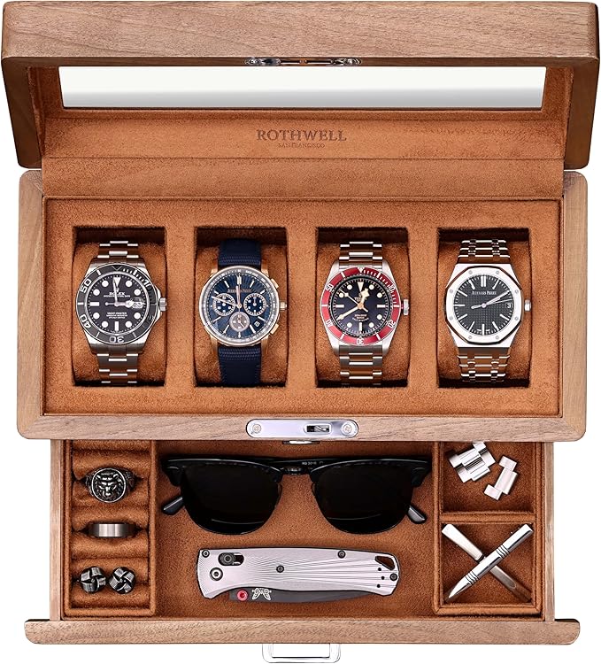 ROTHWELL 4-Slot Solid Walnut Watch Box with Valet Drawer - Premium Jewelry Display Case Organizer with Locking Glass Top and Microsuede Liner for Men & Women (Tan Interior)