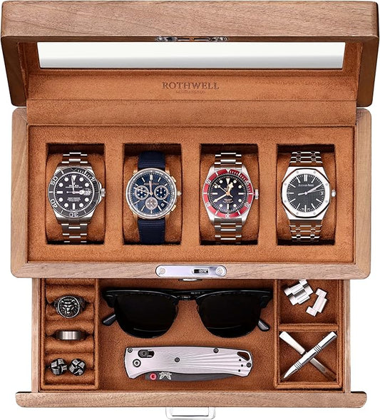 ROTHWELL 4-Slot Solid Walnut Watch Box with Valet Drawer - Premium Jewelry Display Case Organizer with Locking Glass Top and Microsuede Liner for Men & Women (Tan Interior)