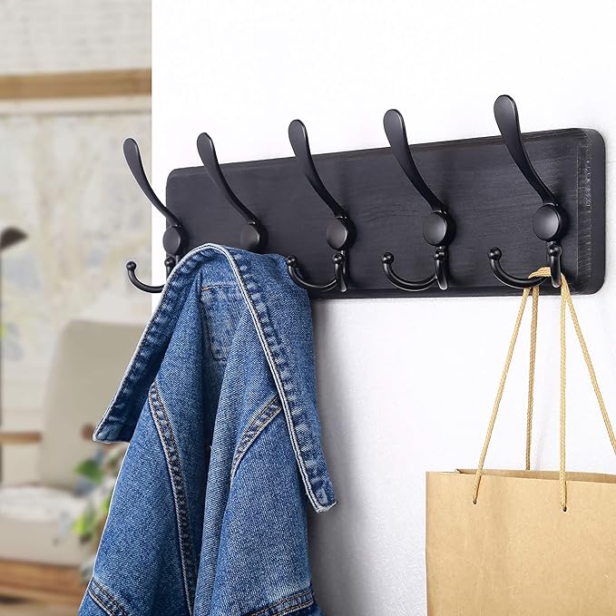 SKOLOO Rustic Wall Mounted Coat Rack: 16" Hole to Hole, Pine Real Wood Plank Wall Coat Rack with 5 Triple Hooks, Farmhouse Coat Hanger Wall Mount for Hanging Backpack Jacket Coat Hat