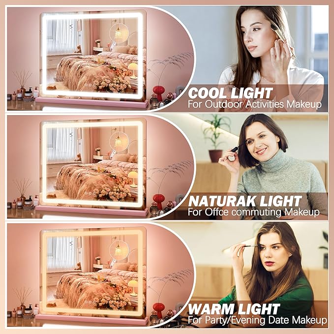 FENNIO 23" x 18" Vanity Mirror with Lights，LED Makeup Mirror，Hollywood Mirror with 3 Color Modes & Adjustable Brightness，Vanity Mirror Pink