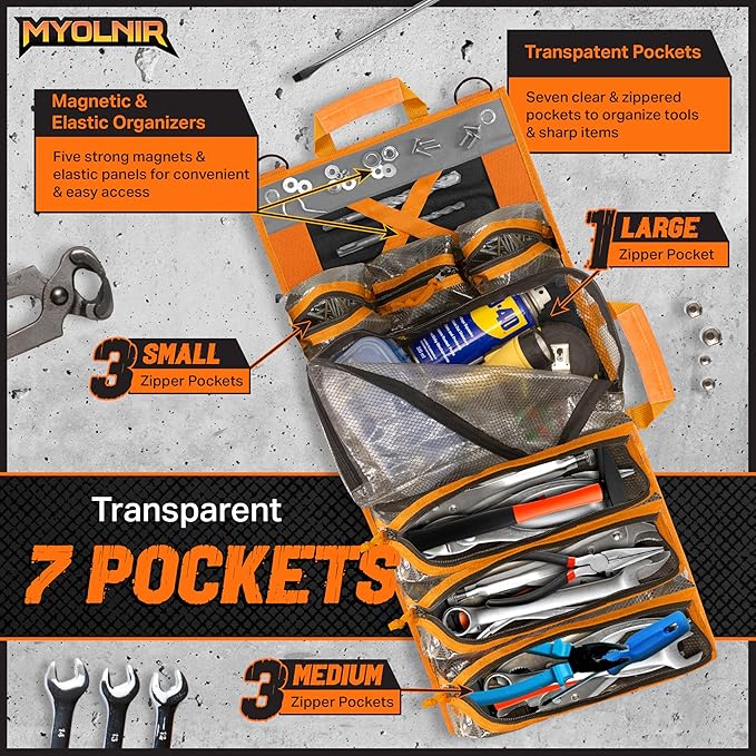 Roll Up Tool Bag Organizer With Kickstand - Compact Heavy Duty Motorcycle Tool Roll Bag Organizer - Portable Rollup Toolbag With Magnetic Panels & Transparent Pockets - Mechanic & Electrician