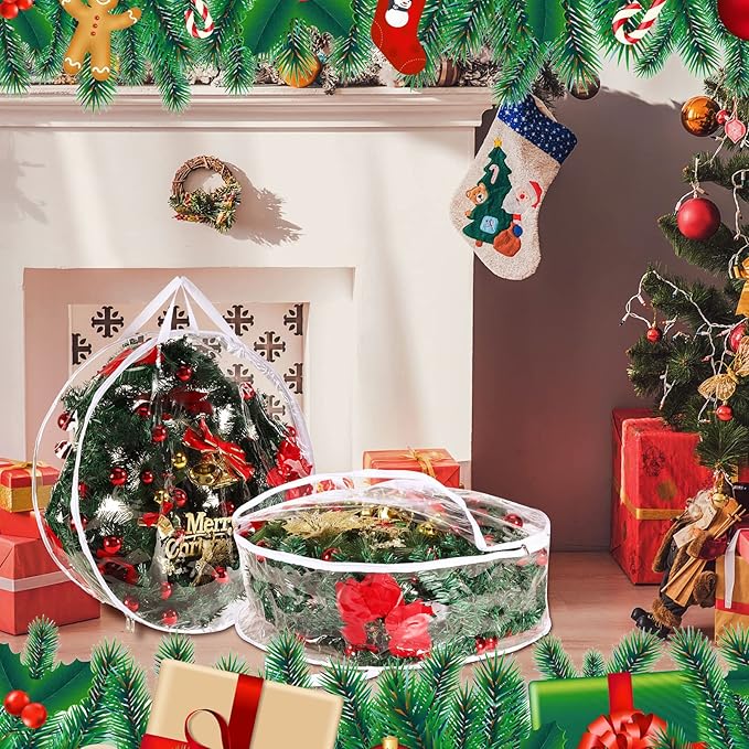 Shappy 4 Pieces Christmas Wreath Storage Container 30 Inch Wreath Plastic Storage Bags with Dual Zippers and Handles for Xmas Thanksgiving Holiday Artificial (Clear)