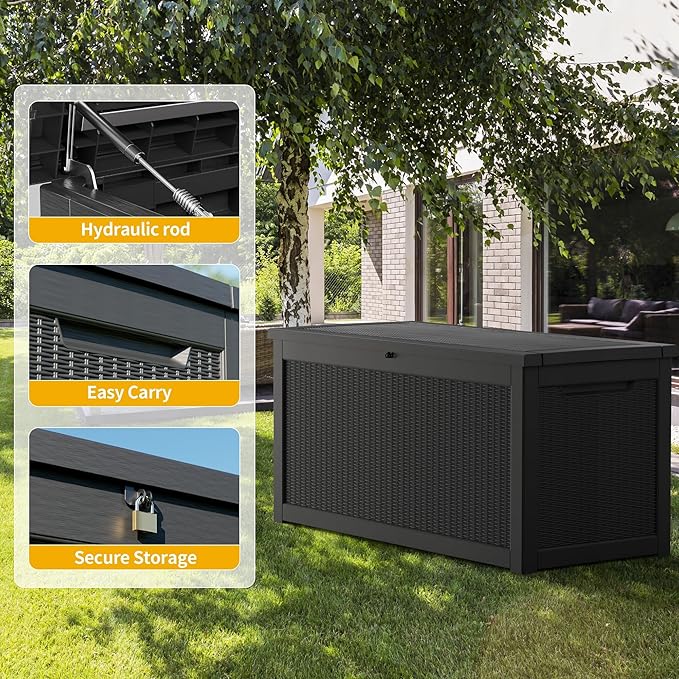 Extra-Large 320 Gallon Outdoor Storage Bin - Waterproof Resin Deck Box, Patio & Garden, Lockable Outdoor Deck Box for Cushions & Tools, UV-Resistant, Jet Black
