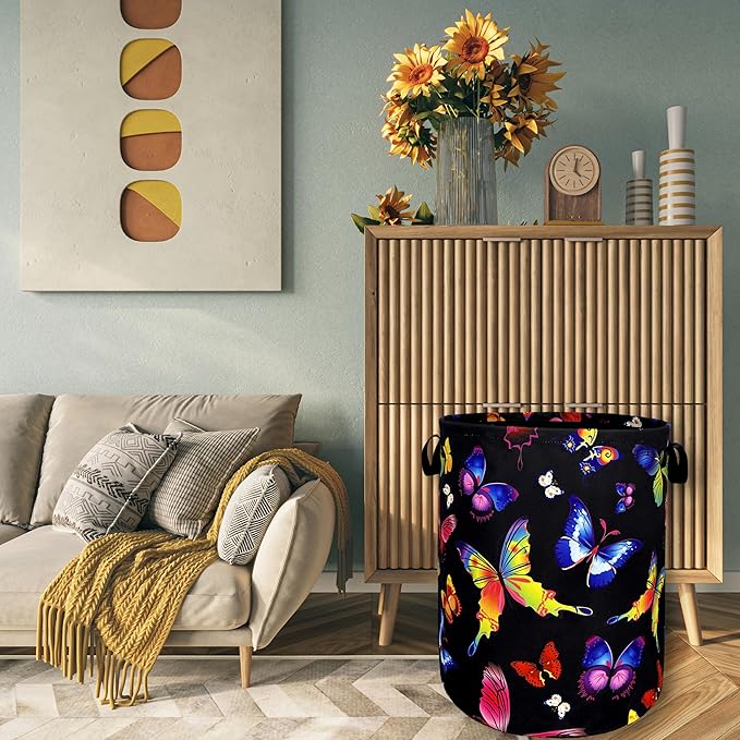 Colorful Butterfly Laundry Hamper Foldable With Handles Tote Bag Universal Oxford Cloth Butterflies Laundry Basket Clothes Toy Storage Bucket 18.9" x 16.5 "For Bathroom/Laundry/Bedroom