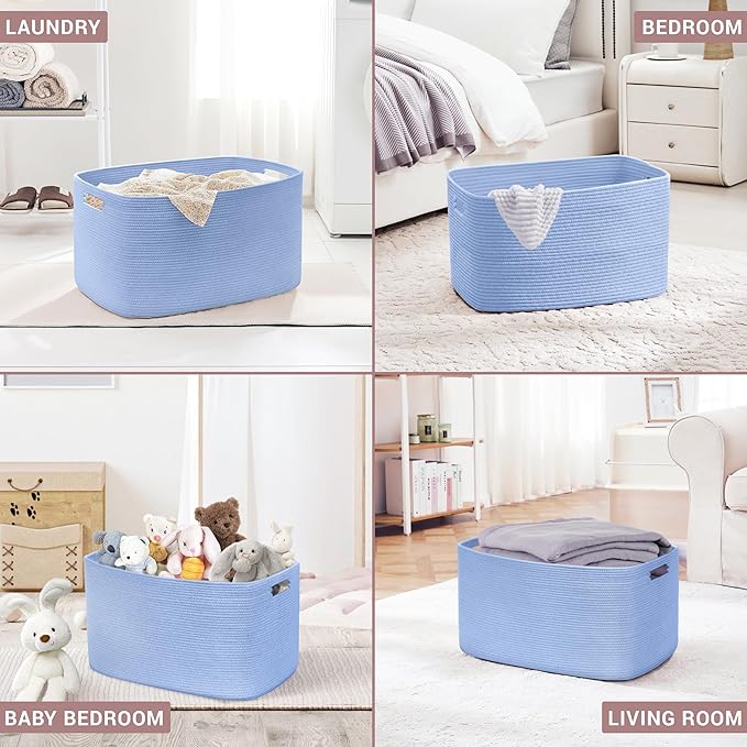 45L Small Baby Girls Laundry Basket for Nursery Storage,Cute Woven cotton Rope Baskets for Kids Toy，Gifts, Boho Square Wicker Blanket hamper for Living Room,Bedroom Dirty Clothes,Blue Purple