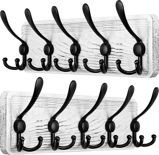SKOLOO Rustic Wall Mounted Coat Rack: Pine Real Wood Plank Wall Coat Rack with 5 Triple Hooks, Farmhouse Coat Hanger Wall Mount for Hanging Backpack Jacket Coat Hat,Pack of 2