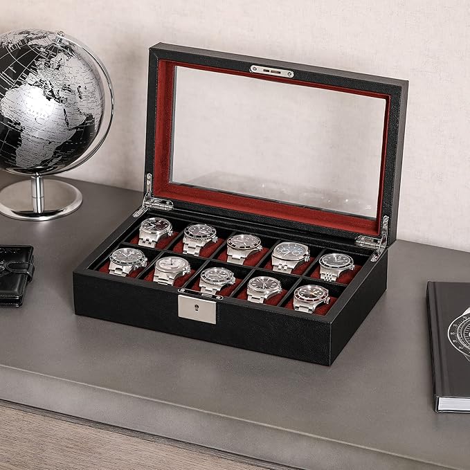 ROTHWELL 10 Slot Leather Watch Box - Luxury Case Display Jewelry Organizer - Locking Watch Display Case Holder with Large Glass Top - Box Organizer for Men and Women (Black/Red)