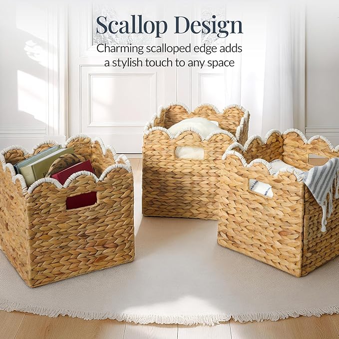 Best Choice Products 10.5x10.5in Scalloped Hyacinth Baskets, Set Of 5 Multipurpose Collapsible Storage Organizer, Handwoven Laundry Totes for Bedroom, Living Room, Shelves – Natural w/White Trim
