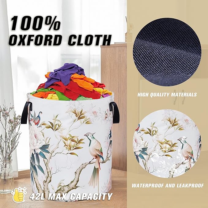 Bird Flower Laundry Basket Chinese Style Foldable Oxford Cloth Funny Tote Bag Laundry Hamper Clothes Storage Bucket Organizer For Bathroom/Laundry Storage/Bedroom 17.7x13.7Inch