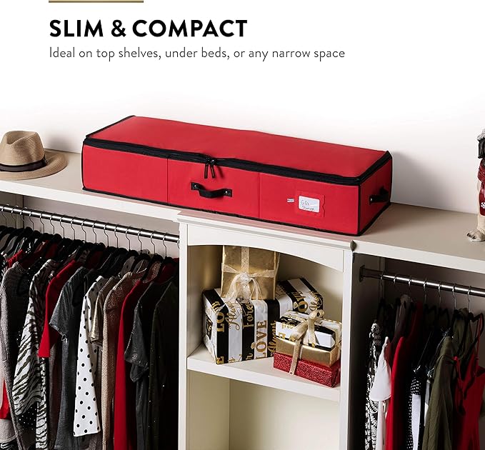 ZOBER Gift Wrapping Paper Organizer Storage - 40" Gift Wrap Storage Containers with Interior Pockets for Bows, Tags & Ribbons - Wrapping Paper Holder, 600D Oxford, Fits 24 Standard Rolls, Red/Black