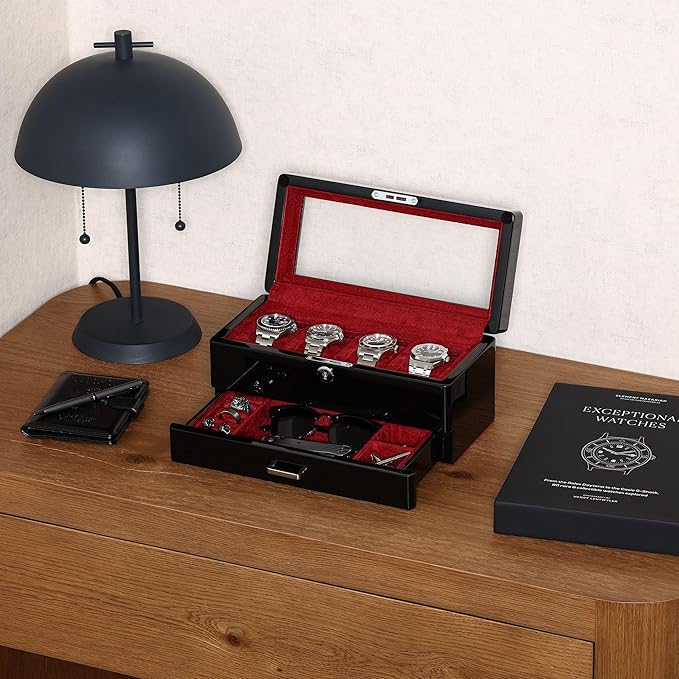 ROTHWELL 4-Slot Piano Black Watch Box with Valet Drawer - Premium Jewelry Display Case Organizer with Locking Glass Top and Microsuede Liner for Men & Women (Red Interior)