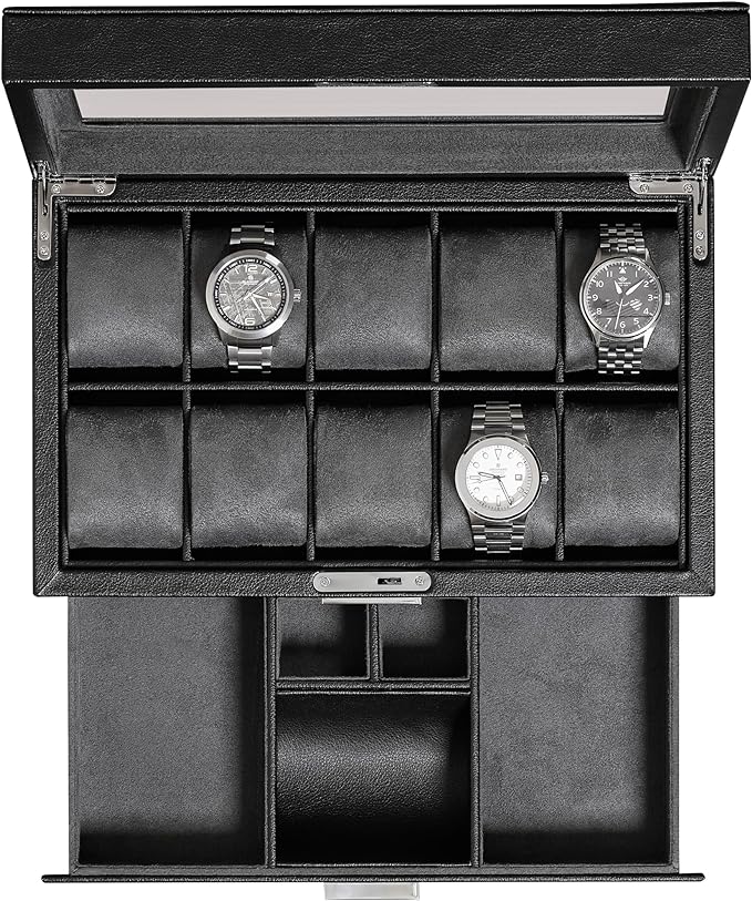 ROTHWELL 10-Slot Watch Box in Leather with Valet Drawer, Luxury Watch Case Display Organizer with Ultra Soft Microsuede Liner, Jewelry and Sunglass Holder With Large Glass top (Black/Grey)